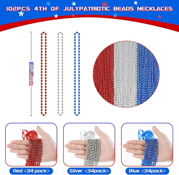 SHAOQINLIN 100 PCS Patriotic Bead Necklaces, 4th of July Oval Beads Necklaces Bulk 4th of July Accessories 30.5 Inch Metallic Red/Silver/Blue Beaded Necklace for Patriotic Day, Carnival Party Favor