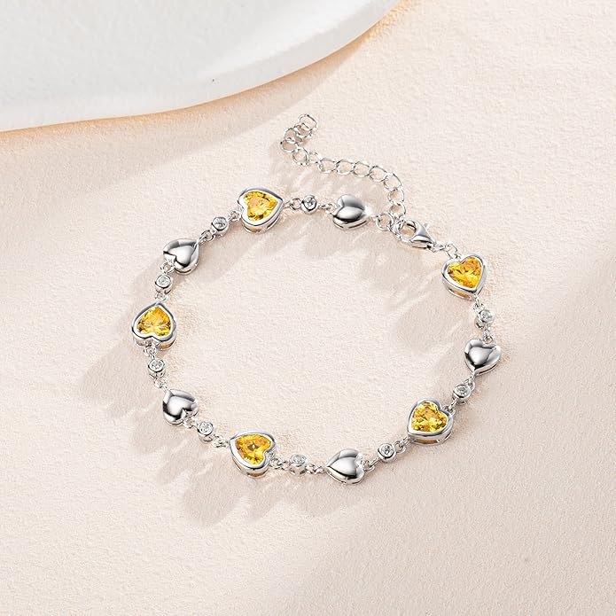 Carleen Birthstone Bracelets for Women 925 Sterling Silver Five Heart Station Created Gemstone Tennis Bracelet Jewelry Anniversary Birthday for Wife, 7"+1.2" Extender