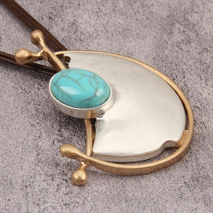 GelConnie Leather Necklace for Women Large Pendant Long Brown Necklace Circle Leather Choker Vintage Sweater Necklace Gold Chunky Boho Necklaces for Women