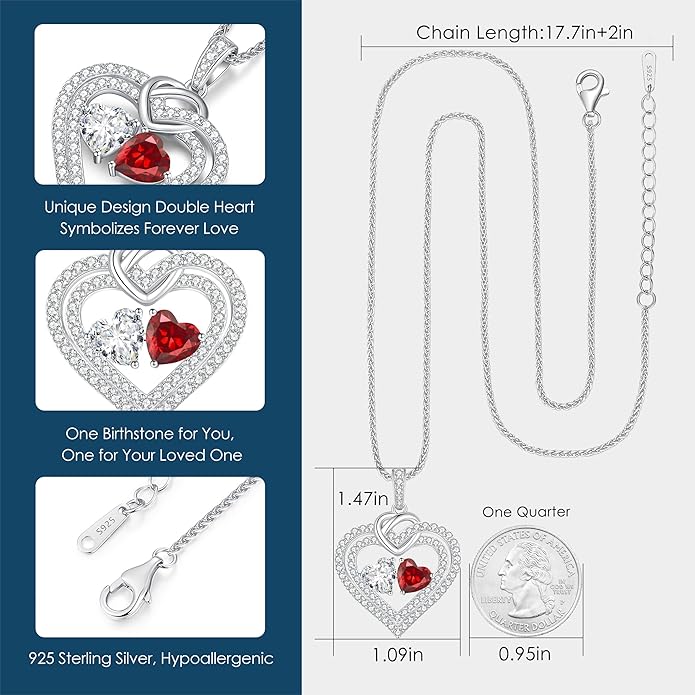 LOUISA SECRET Sparkling Double Heart Birthstone Necklaces for Women, 925 Sterling Silver Fine Jewelry, Pendant Heart Necklaces Birthday Anniversary Christmas Gift for Women Wife Mom Girlfriend Lady