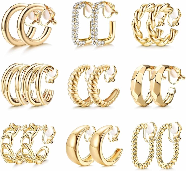 THUNARAZ 9 Pairs Clip on Earrings for Women 14K Gold Plated Chunky Hoop Clips Earring Trendy Clip on Hoop Earrings for Women Non-Pierced Fake Jewelry