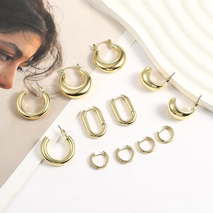 Wgoud 6 Pairs Gold Hoop Earrings Set for Women, 14K Gold Plated Hypoallergenic Lightweight Chunky Open Huggie Hoops Earrings Jewelry for Gifts.