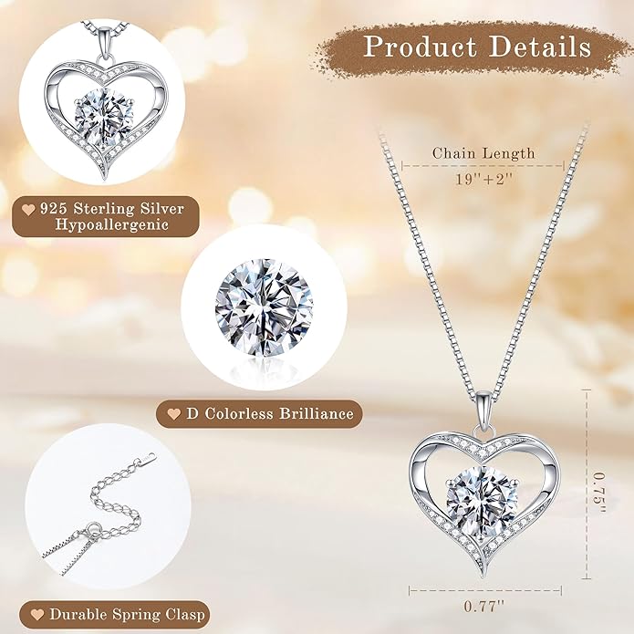MOOSEA Valentines Day Gifts for Her, 1-3ct 925 Sterling Silver Anniversary Birthday Gifts for Women Wife Girlfriend Jewelry Moissanite Necklace