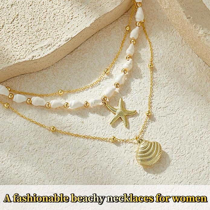 Layered Beach - Inspired Gold Necklace Set for Women - Seashell & Starfish Charm Necklaces, Ideal Beach Jewelry