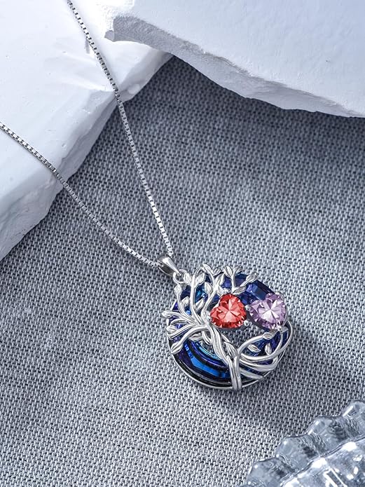 TOUPOP s925 Sterling Silver Family Celtic Tree of Life Pendant Necklaces with 2 Heart Birthstone with Blue Austrian Crystal Jewelry Birthday Valentines Day Gifts for Her, Anniversary Christmas Gifts for Wife Girlfriend Mom (18K Real White Gold Filled)