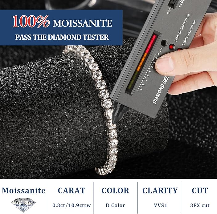 4MM Moissanite Tennis Bracelet for Women, 10.9 ct Adjustable Moissanite Bracelets, 925 Sterling Silver White/14k Gold Plated, Luxury Birthday or Anniversary Jewelry Gift for Her