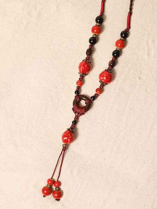 MINACHI Boho Hippie Colorful Ceramic Beads Strand O Ring Circle Charm Long Y Necklace, Vintage Bohemian Statement Jewelry Gift for Women