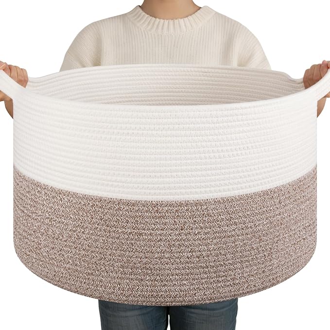OIAHOMY Large Blanket Basket for Living Room, 19.7" x 12.6" Woven Cotton Rope by MasterofSpaceOptimization