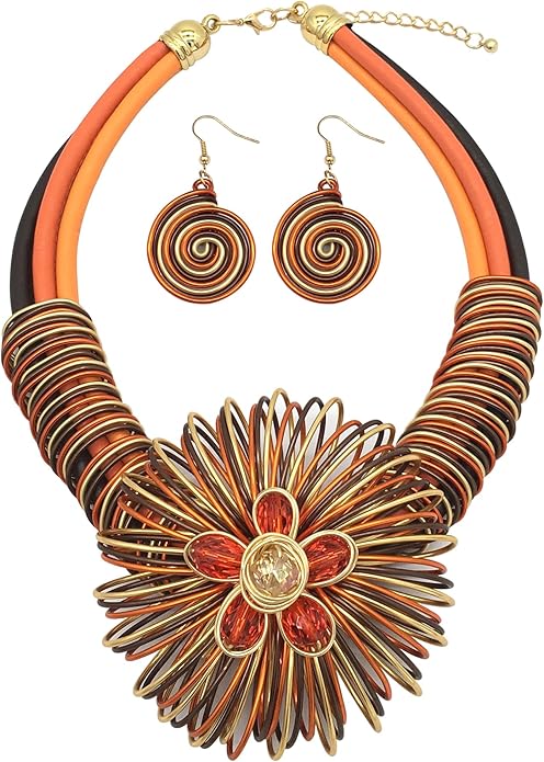 Statement African Necklace For Women African Jewelry Costume Earring Sets Tribal Fashion Colorful Big Rhinestone Crystal Pendent Collar Choker Bold Chunky Bib Handmade