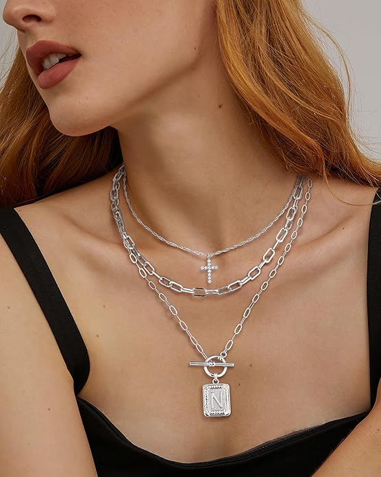 MJartoria Layered Initial Necklaces for Women Trendy, 14K Gold Plated Brass Simple Dainty Cross Choker Square Letter Pendant Necklace, Paperclip Chain Necklaces Jewelry