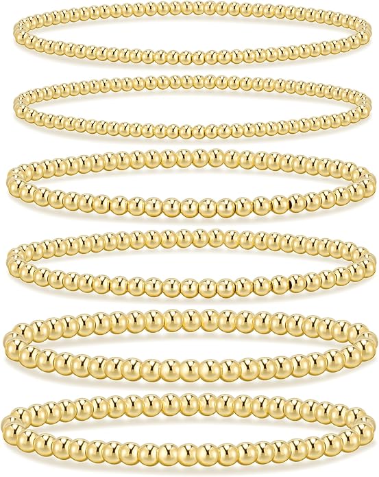 adoyi Valentines Day Gifts for Her Gold Bracelets for Women Waterproof, 14K Gold Plated Beaded Strand Bead Ball Bracelets stack Adjustable Jewelry Set for Gifts