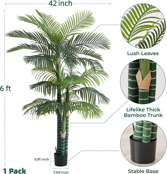 6FT Tall Triple Golden Cane Palm Tree in Black Cement Pot | Large Faux Plants - Image 2