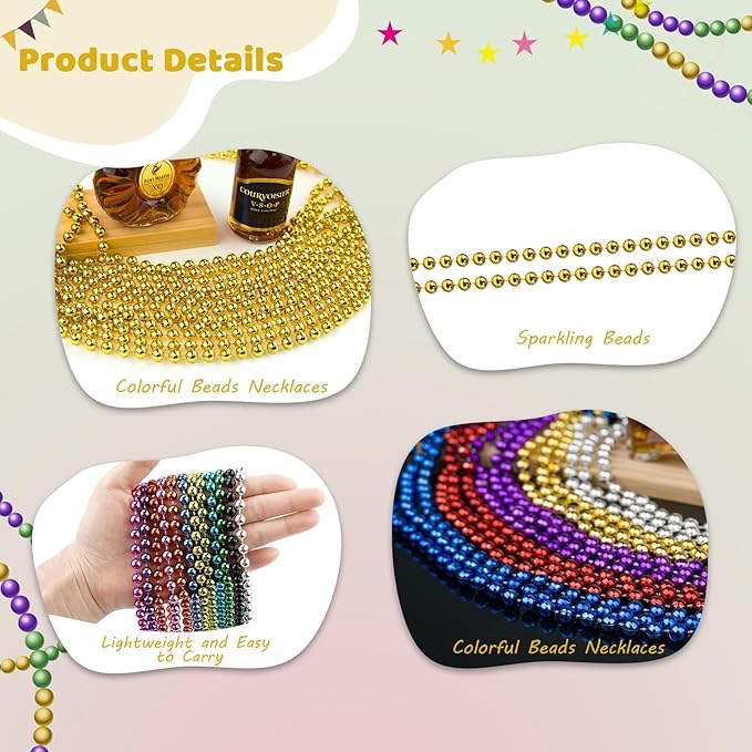 ZYFLSQ 100 Pcs 33" 7mm Metallic Gold Beads Necklaces, Bulk Mardi Gras Beaded Necklaces, Party Beads Costume Necklaces (Gold)