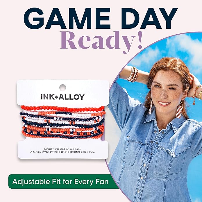 INK + ALLOY Game Day Bracelet Stacks, Beaded Bracelets for Football Gameday Outfits, Handmade Jewelry for College Students, Teachers, Football Moms, Set of 10