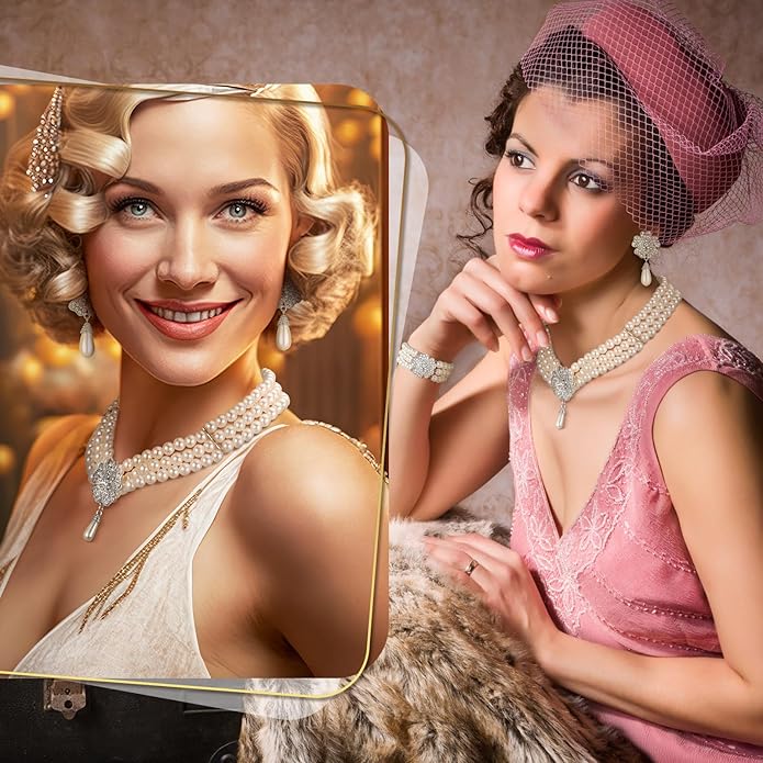 Maitys 3 Pcs 1920s Pearl Jewelry Set Includes Vintage Flapper Earrings Multilayer Imitation Pearl Necklace Bracelet for Women