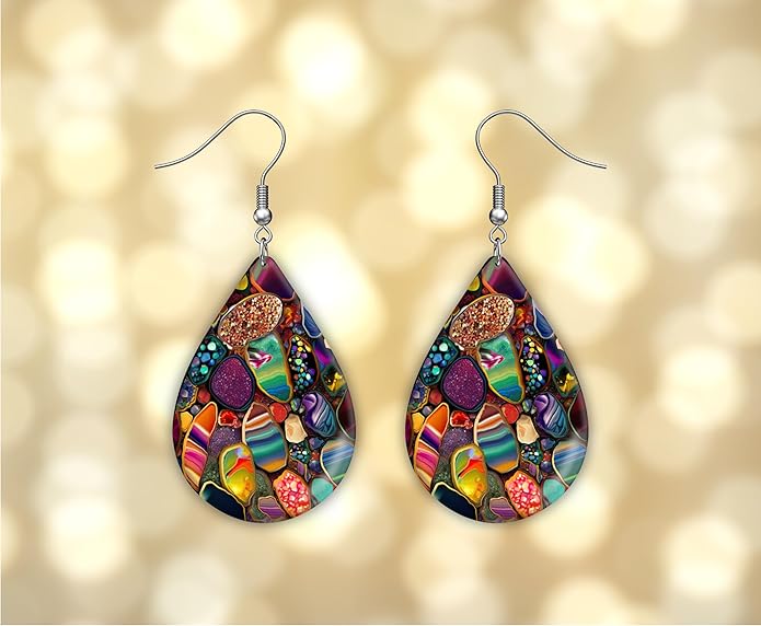 Teardrop Wood Earrings Light Weight Printed Image Dangle Jewelry, Fun and Funky