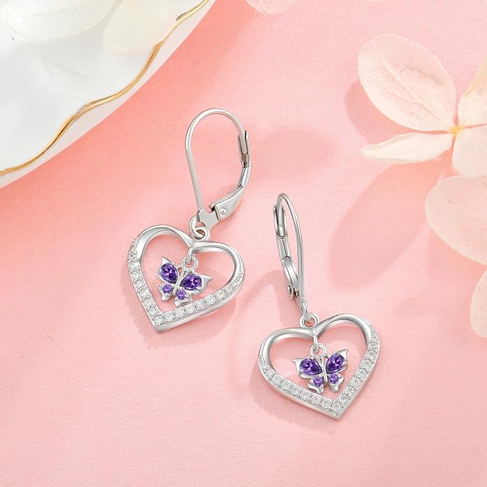 Butterfly Birthstone Heart Dangle Drop Earrings, 925 Strlings Silver 5A Cubic Zircon Leverback Earrings Jewelry Anniversary Birthday Gifts for Women