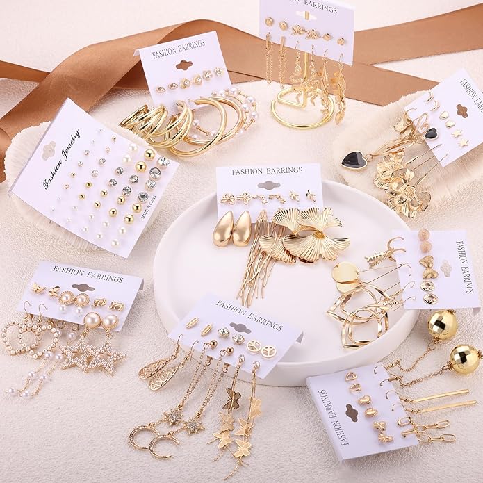 Earrings for Women, Funtopia 68 Pairs Drop Dangle Earrings, Fashion Statement Stud Earrings Pearl Earrings Set for Party Jewelry(Gold and Silver)