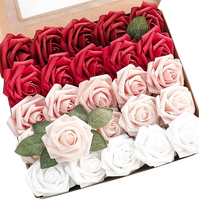 Artificial Flowers 25pcs Real Looking Dark Red Ombre Colors Foam Fake Roses by Floroom