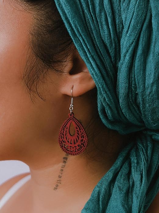 MINACHI Bohemian Hollow Cut-Out Wood Leather Dangle Drop Earrings, Boho Chic Hippie Statement Jewelry Gift for Women