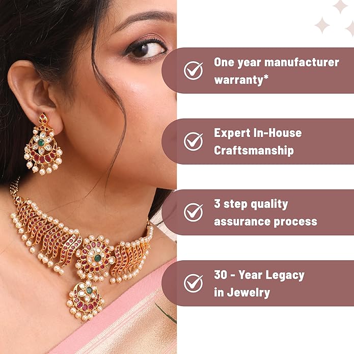 TARINIKA Brass Indian Choker Necklace Set - Gold Plated Cubic Zirconia Indian Jewelry Sets for Women Dangle, Drop, Jhumka Earrings Traditional Desi Necklace Pearls Gift for her