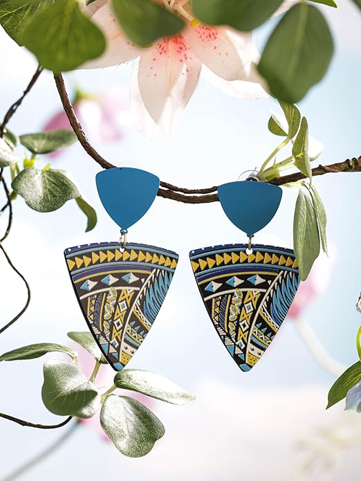 MINACHI Boho Chic Geometric Drop Earrings, Vibrant Multicolor Pattern with Navy Accent Beads & Glossy Studs, Jewelry Gift for Women