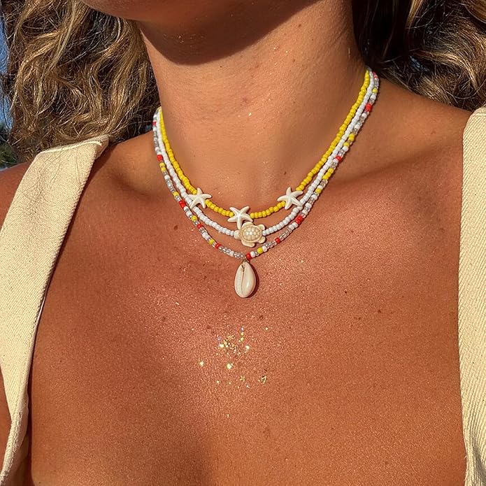 Women's Shell Starfish Boho Layered Beaded Necklace Choker for Summer Beach Vacation Gifts for Birthday/Anniversary/Christmas