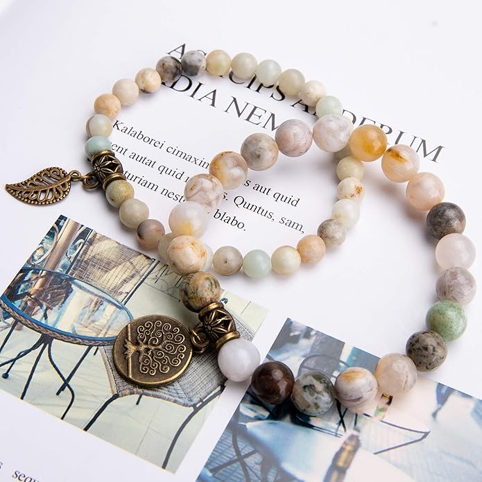 Bivei Natural Semi Precious Gemstone beads bracelet for women - Life Tree and Leaf Charm Energy Reiki Crystal Stretch Bracelets