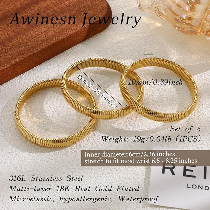 18K Gold Plated Bracelets for Women Gold Bangles for Women Chunky Bangle Bracelets for Women Bracelets Stack Tarnish Free Bangle Set of 3 for Women Accessories for Her Gifts