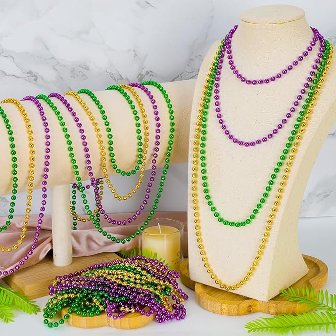 100 PCS Mardi Gras Beads, 33" Mardi Gras Beads Necklaces Bulk, Round Purple Gold Green Beads Bulk, Parade Throw Accessories Set Carnival Mardi Gras Party Supplies Favors Decorations