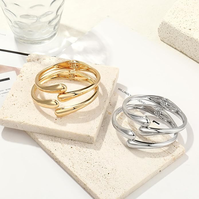 2Pcs Bangle Bracelets for Women Gold Arm Cuff 14k Gold Plated Chunky Gold Bangle Set Hinged Cuff Bracelets Trendy Arm Cuff Jewelry for Women