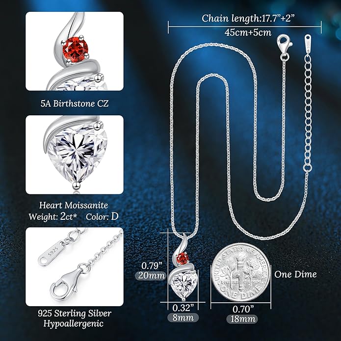 ANDSO Valentine's Day Gift Moissanite Heart Pendant Necklaces for Women, 925 Sterling Silver Necklace with Birthstone, Ideal Anniversary Present or Birthday Jewelry Gifts for Mom Wife Her Girlfriend