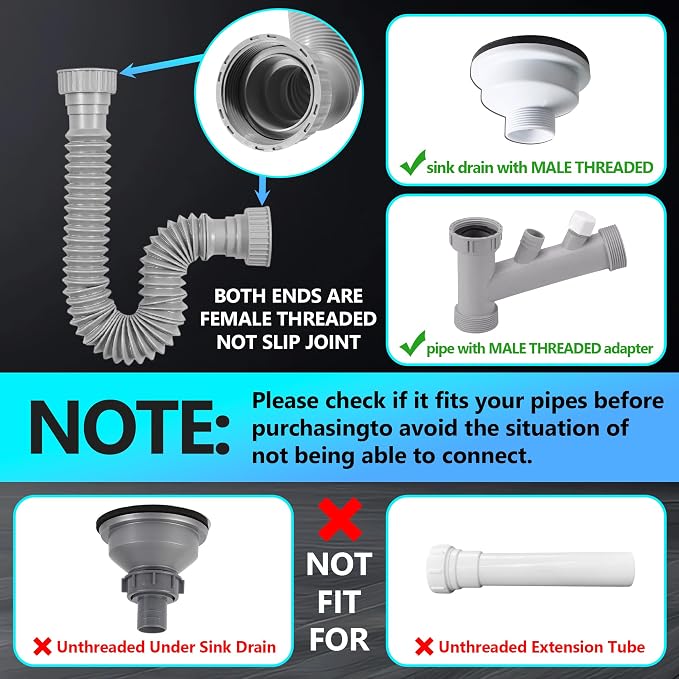 Sink Drain Pipe Kit, 2 Pack Flexible Drain Pipe P Trap, 8.46"-20.67" Flexible P - Image 3