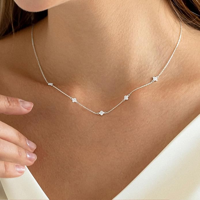 VRIUA Necklaces for Women - 14K Gold/Silver Plated Dainty Chain Necklace with Five Charms: Diamond, Bow, Snowflake, Cross, Flower, Clover, Butterfly, Heart, Star of David, and Star Trendy Jewelry