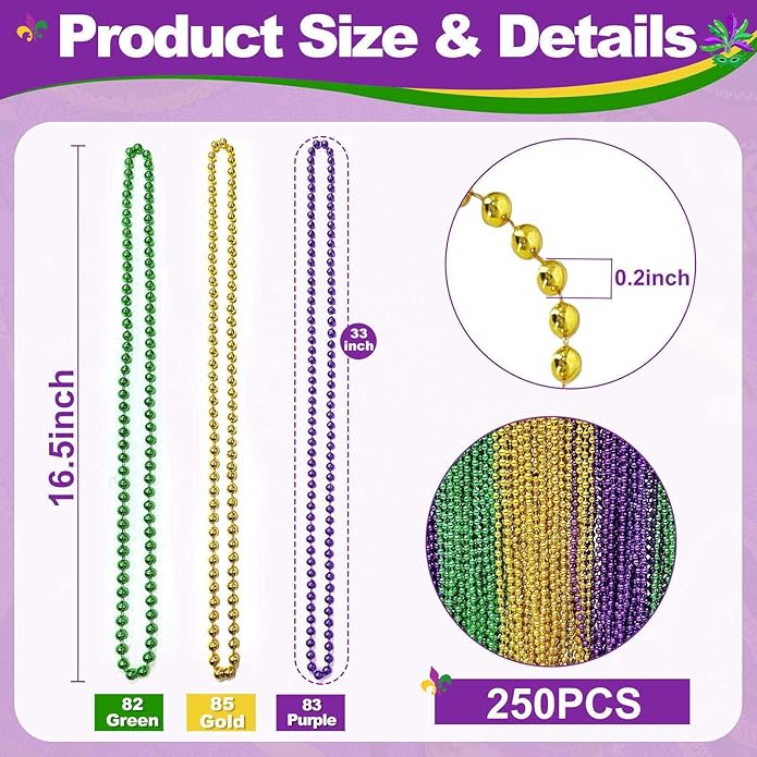 Camlinbo 250 PCS Mardi Gras Beads Necklaces Bulk Purple Gold Green Beads Mardi Gras Party Favor Supplies Costume Accessories