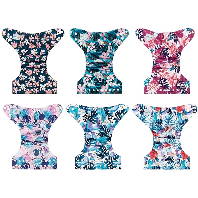 babygoal Reusable Cloth Diapers 6 Pack with 10pcs Inserts, One Size Adjustable Washable Pocket Nappy Covers for Baby Girls and Boys 6FG30