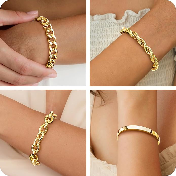 Chunky Gold Bracelets Stack for Women Non Tarnish, Waterproof 14K Gold Plated Bangle Cuff Bracelets Set for Women Trendy Thick Layered Cuban Link Chain Paperclip Rope Stackable Bracelet for Jewelry Gifts
