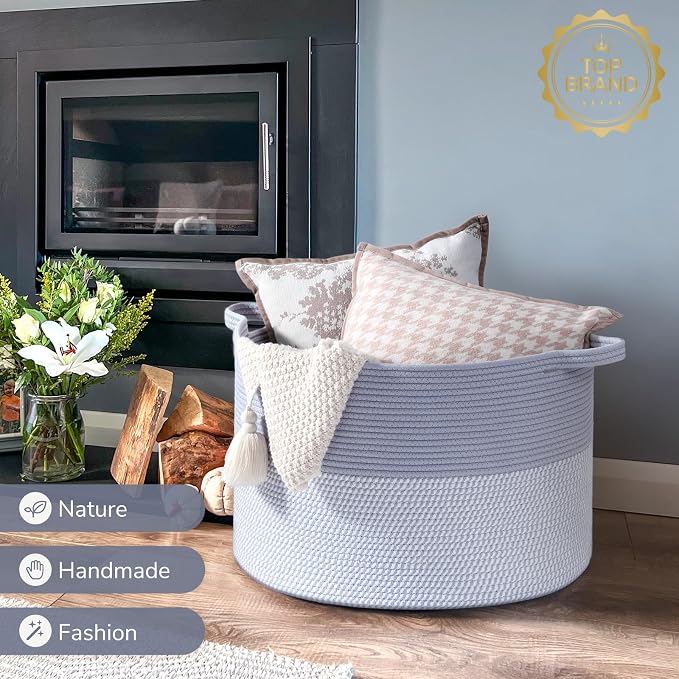 INDRESSME XXXLarge Woven Rope Blanket Basket Living Room Blue, 90L | 21.7" x - Image 7