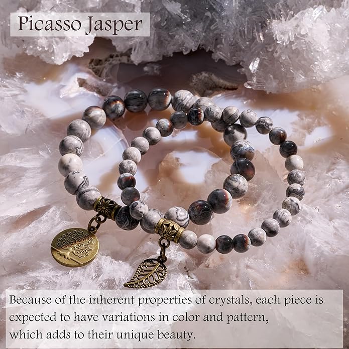 Bivei Natural Semi Precious Gemstone beads bracelet for women - Life Tree and Leaf Charm Energy Reiki Crystal Stretch Bracelets
