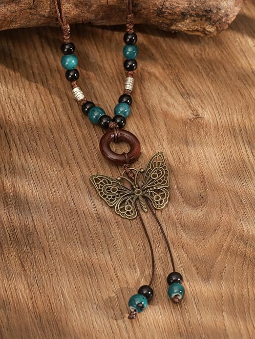 MINACHI Hippie Boho Colorful Ceramic Bead Butterfly Charm Pendant Y Necklace, Vintage Bohemian Statement Jewelry Gift for Women