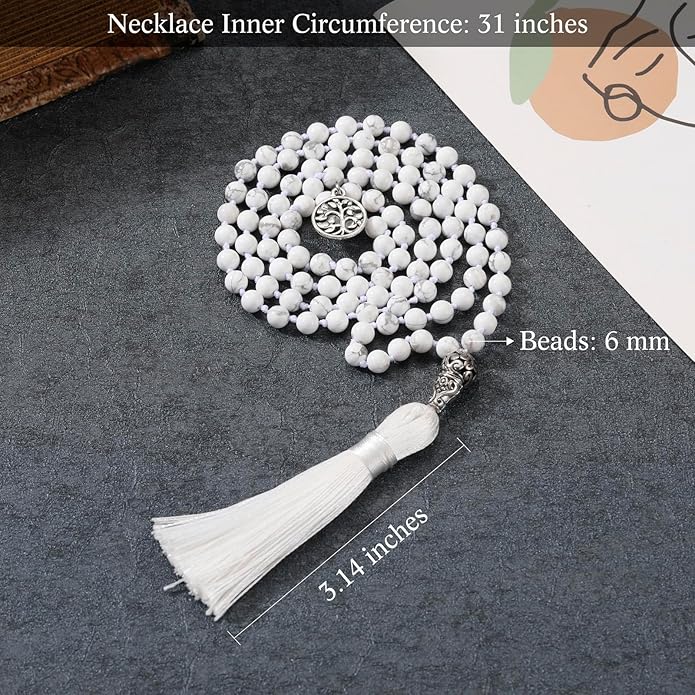 INBLUE 108 Mala Prayer Beads Wrap Necklace with Long Tassel Boho Necklace for Women Amazonite Bead Bracelet with Spiritual Tree of Life Pendant 108 Beads Necklace for Meditation