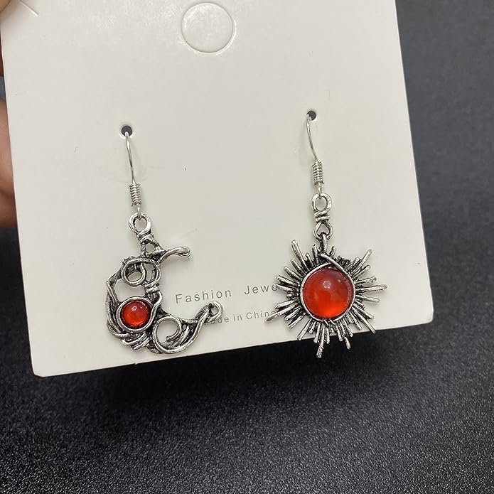 ANDPAI Unique Chic Abstract Hollow Black Vintage Silver Asymmetry Moon Star Sun Dangle Drop Earrings Black Moonstone Moon Hypoallergenic Earrings for Women Statement Jewelry Gifts