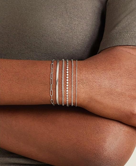 DEARMAY Dainty Silver Plated Bracelets for Women Trendy, Silver Jewelry Set for Women Bracelets for Women Paperclip Box Herringbone Figaro Rope Chain Bracelet Fashion Pack Gifts for Women