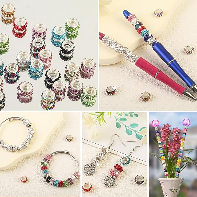 60Pcs Rhinestone Large Hole Beads Spacer Beads Mixcolor European Craft Big Beads Large Hole Rhinestones Lampwork Murano Bead Fairy Wand Garden Beads for DIY Bracelet Necklace Jewelry Making Supplies