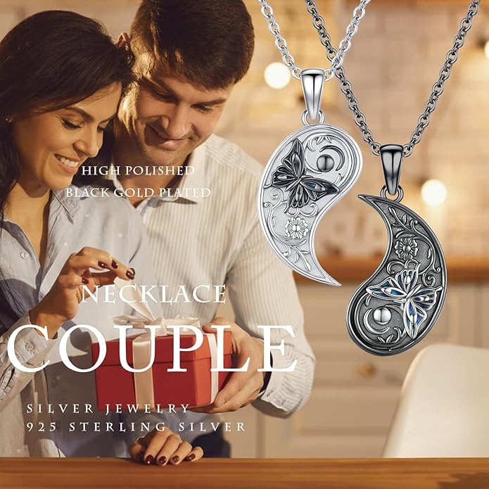 MEDWISE Butterfly Flower Yin Yang Necklace Double S925 Sterling Silver Sun Moon Pendant Partner Friendship Couples BFF Pendant Necklace Yin Yang Jewelry Matching Set for Her Women