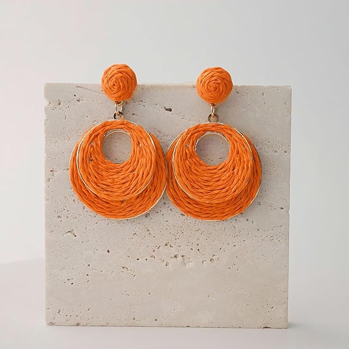 Raffia Hoop Earrings for Women - Boho Straw Wiker Dangle Drop Earrings for Summer Beach, Bohemian Trendy Rattan Jewelry