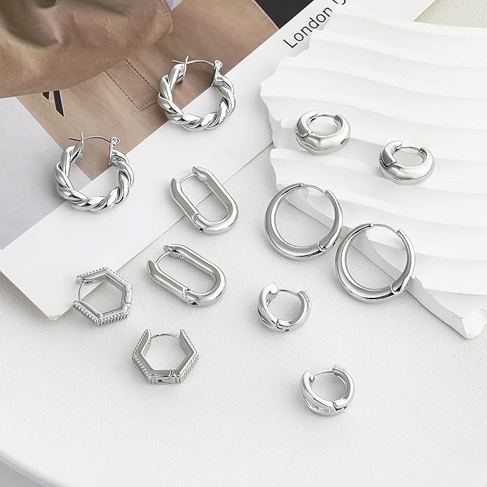 Wgoud 6 Pairs Gold Hoop Earrings Set for Women, 14K Gold Plated Hypoallergenic Lightweight Chunky Open Huggie Hoops Earrings Jewelry for Gifts.