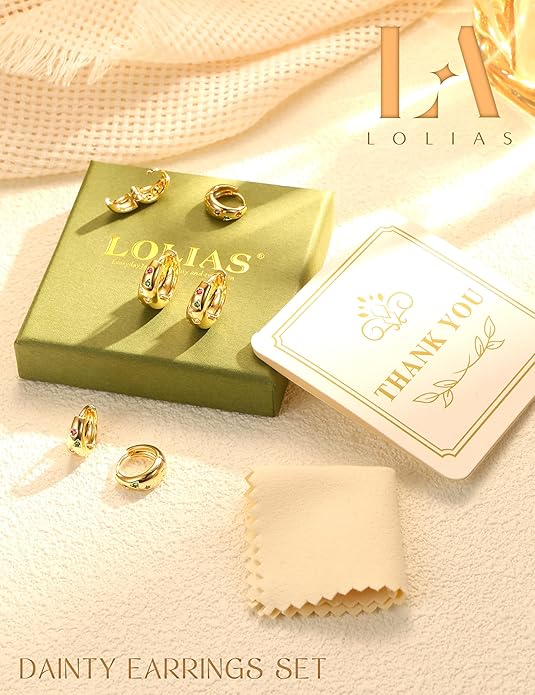 14K Gold Plated Hoop Earrings Set for Women - 3Pairs Chunky 14K Gold Plated Silver Huggie Earrings Small Earrings Lightweight Hypoallergenic MultiColored CZ Hoop Earrings Stacks for Multiple Piercing