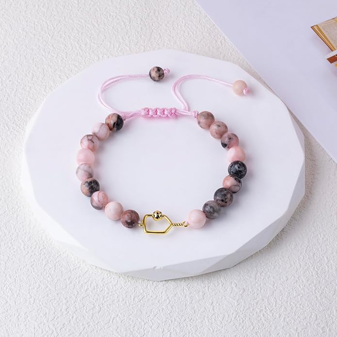 Natural Stone Adjustable Braided Beaded Pickleball Bracelet Charm Jewelry - Sports Lover Pickleball Gifts for Women Men Teens Friends