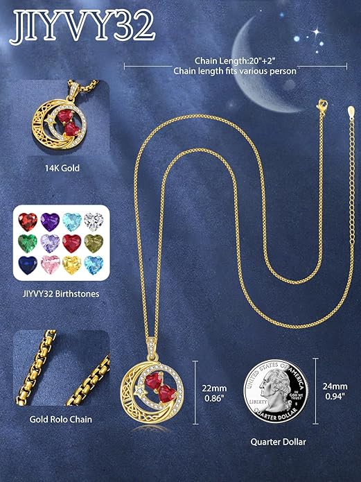 14K Gold Moon and Star Necklace Gifts for Women - Double Heart Birthstone Necklace, Valentines Wedding Anniversary Birthday Gifts for Her Wife Mom Daughter Grandma Sister